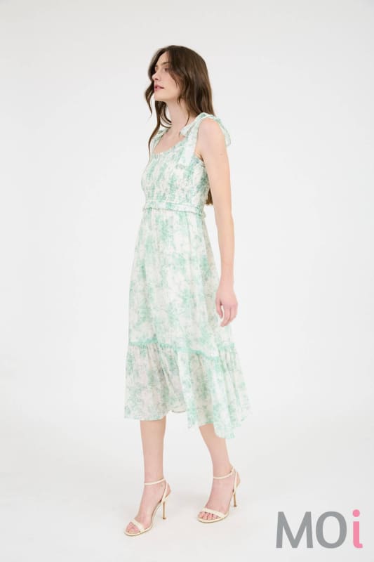 Floral Smocked Sweetheart Ruffle Trim Midi Dress