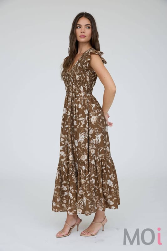 Floral Smocked V-Neck Button Down Midi Dress