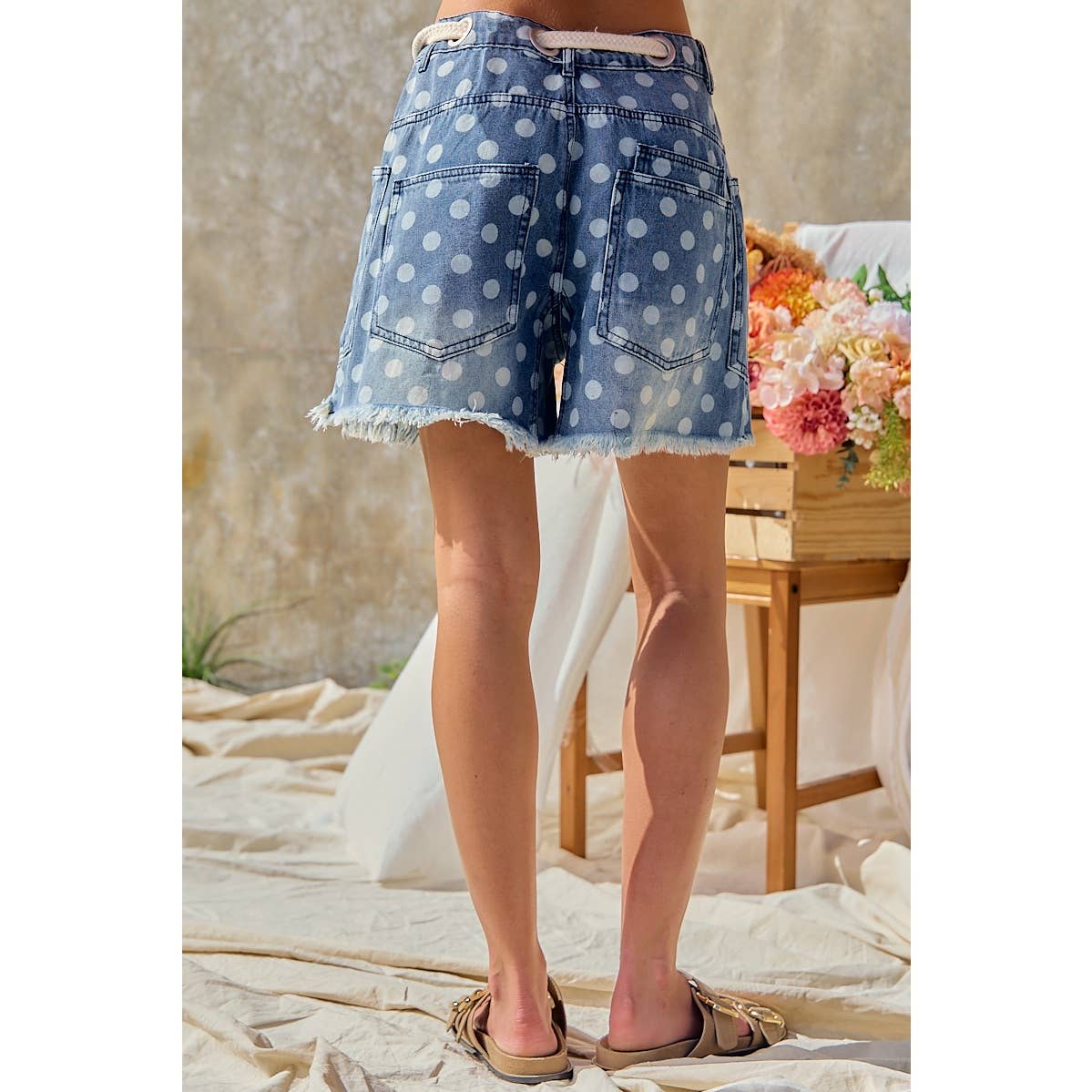 Polka Dot Printed Denim Shorts With Belt