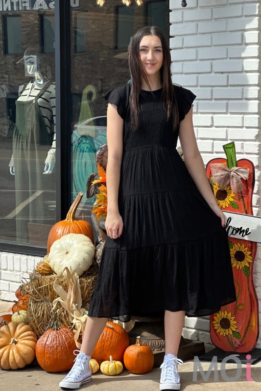 Smocked Tiered Midi Dress Black