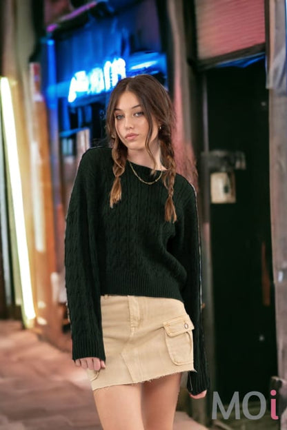 Crew Neck Cable Knit Sweater Hunter Green