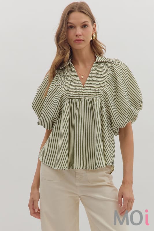 Stripe Short Sleeve Smocked Dolman Sleeve
