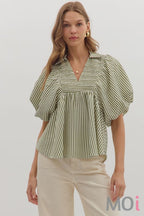 Stripe Short Sleeve Smocked Dolman Sleeve