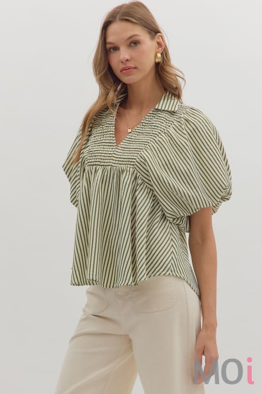 Stripe Short Sleeve Smocked Dolman Sleeve