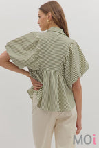 Stripe Short Sleeve Smocked Dolman Sleeve