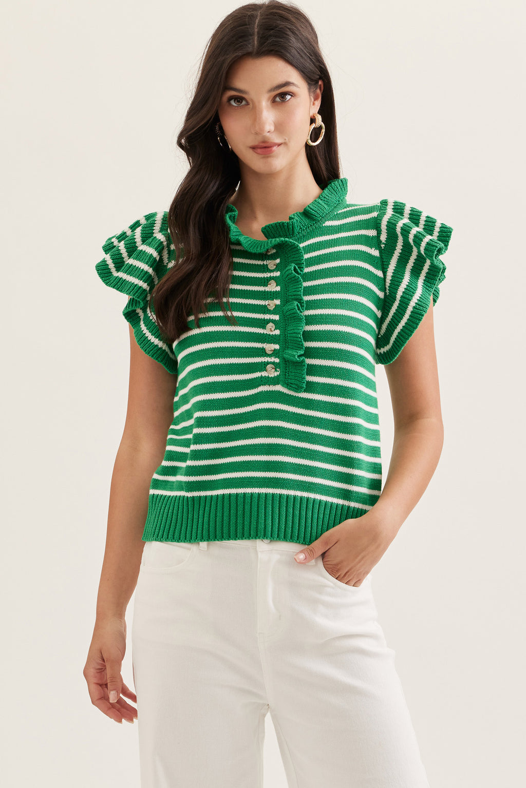 Striped Ruffle Cap Sleeve Top