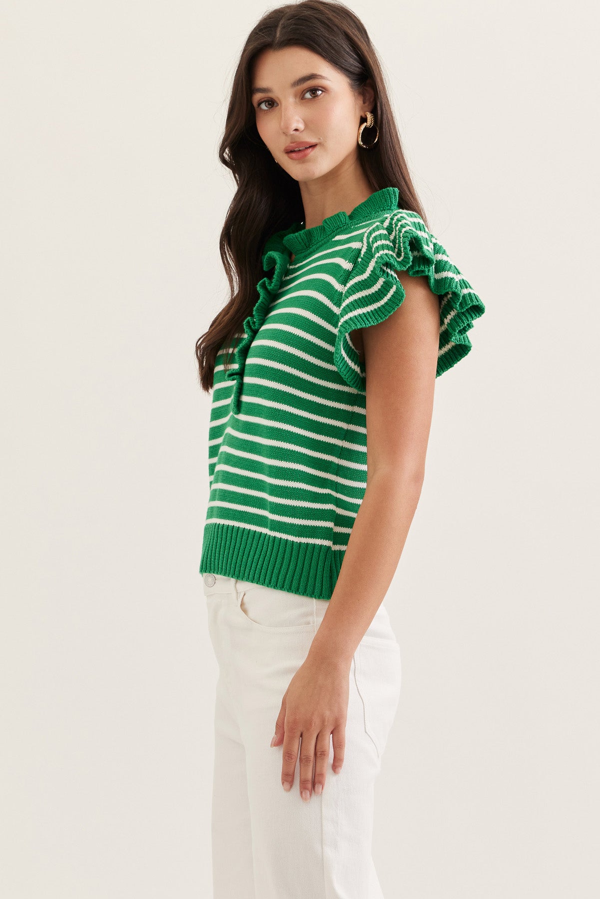 Striped Ruffle Cap Sleeve Top