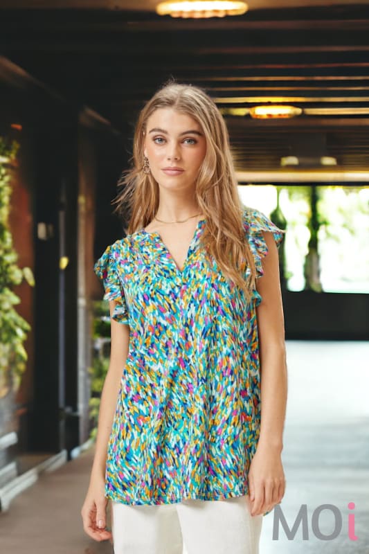 Flutter Sleeve Wrinkle Free Print Top Multi
