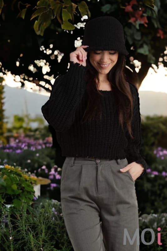 Fiona Frayed Edges Cropped Sweater Black
