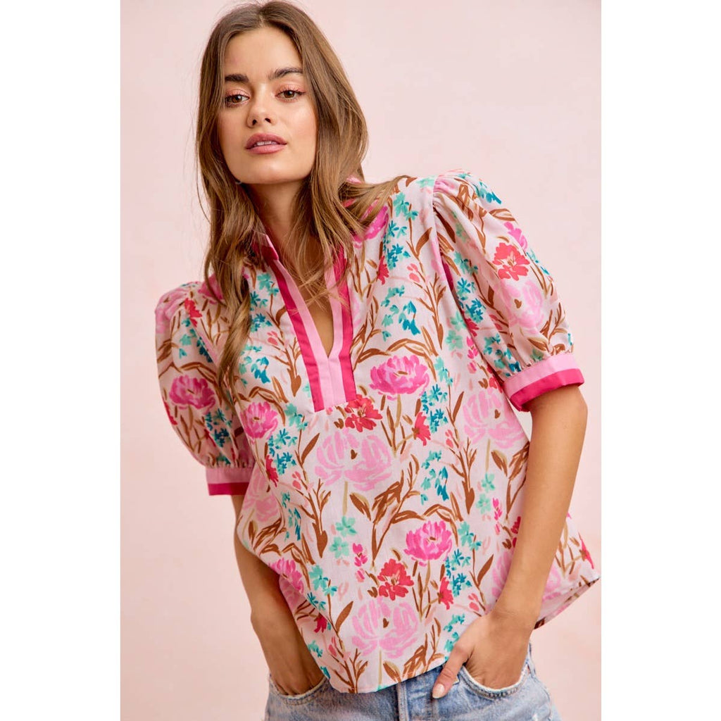 Flower Printed Woven Contrast Top