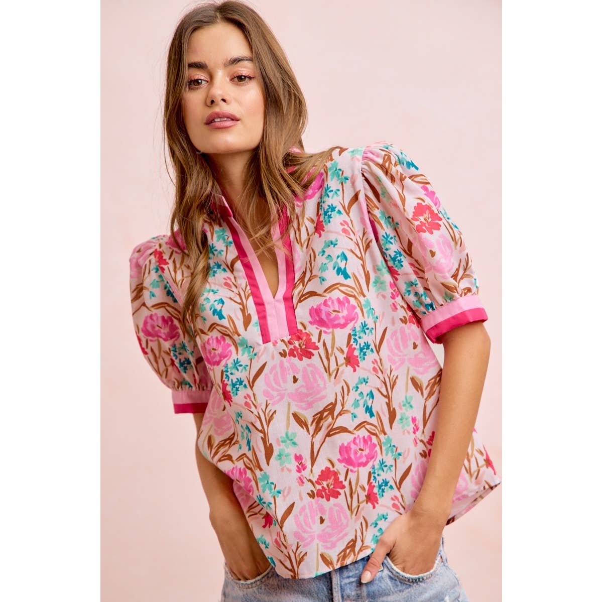 Flower Printed Woven Contrast Top