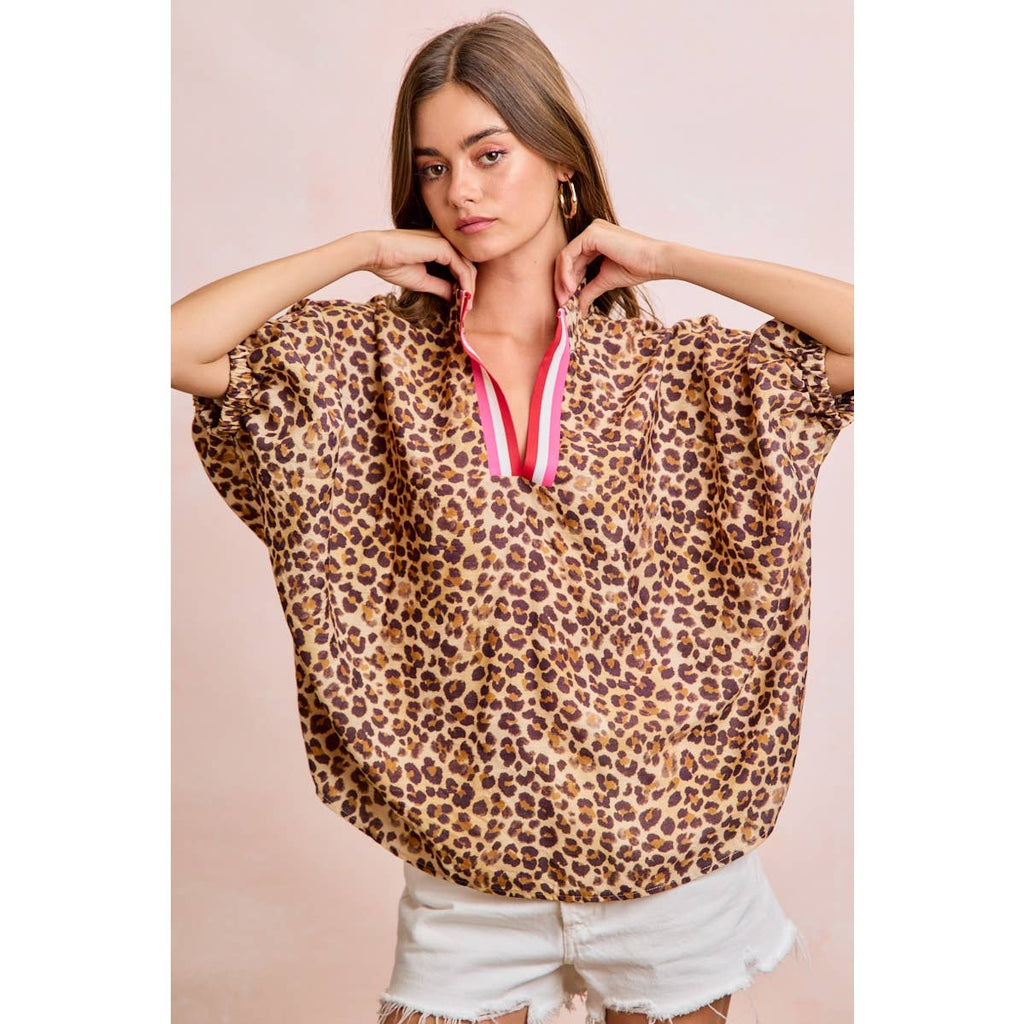 Leopard Print Contrast Banded Blouse