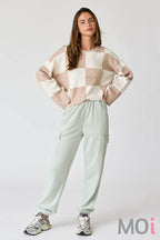 Sarah Round Neck Checkered LS Top