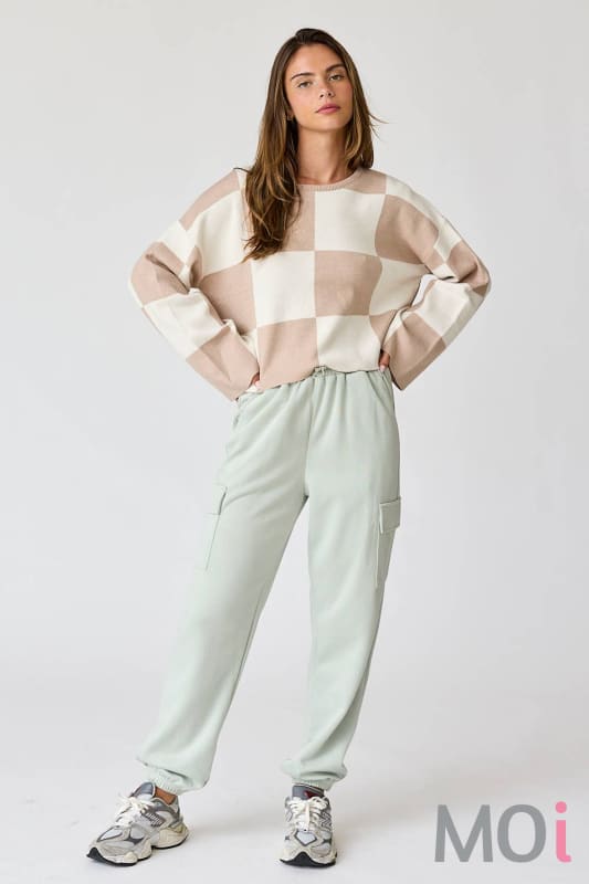 Sarah Round Neck Checkered LS Top