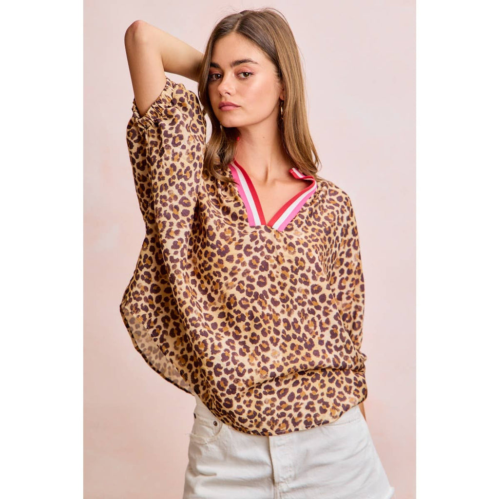 Leopard Print Contrast Banded Blouse