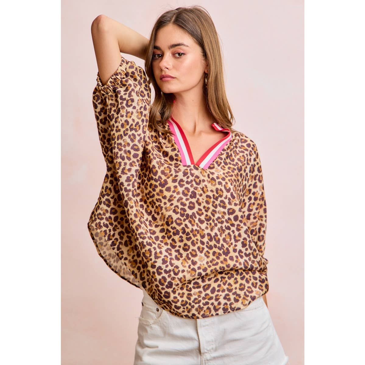 Leopard Print Contrast Banded Blouse
