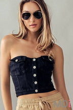 BUTTON FRONT DENIM CROP TUBE TOP