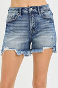 High Rise Distressed Step Side Hem Shorts