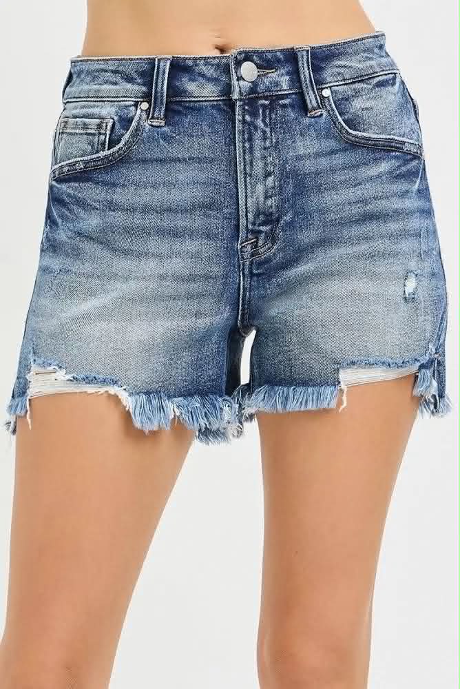 High Rise Distressed Step Side Hem Shorts