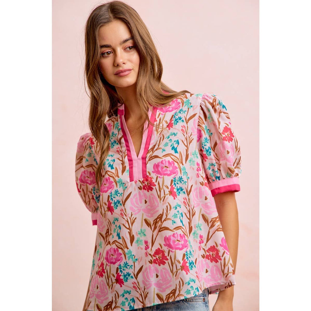 Flower Printed Woven Contrast Top