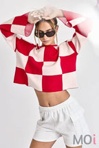 Sarah Round Neck Checkered LS Top