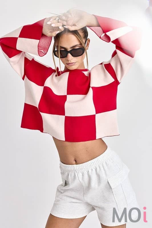 Sarah Round Neck Checkered LS Top
