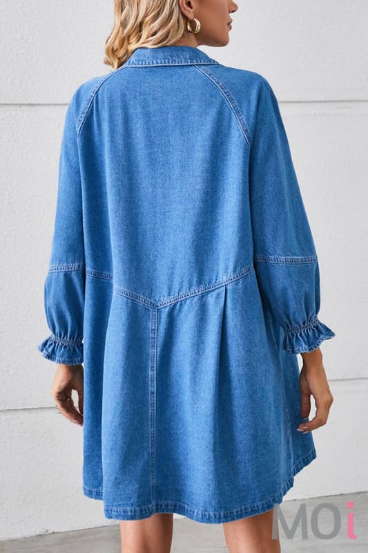 RUFFLED LONG SLEEVED PANELLED DENIM SHIRT DRESS