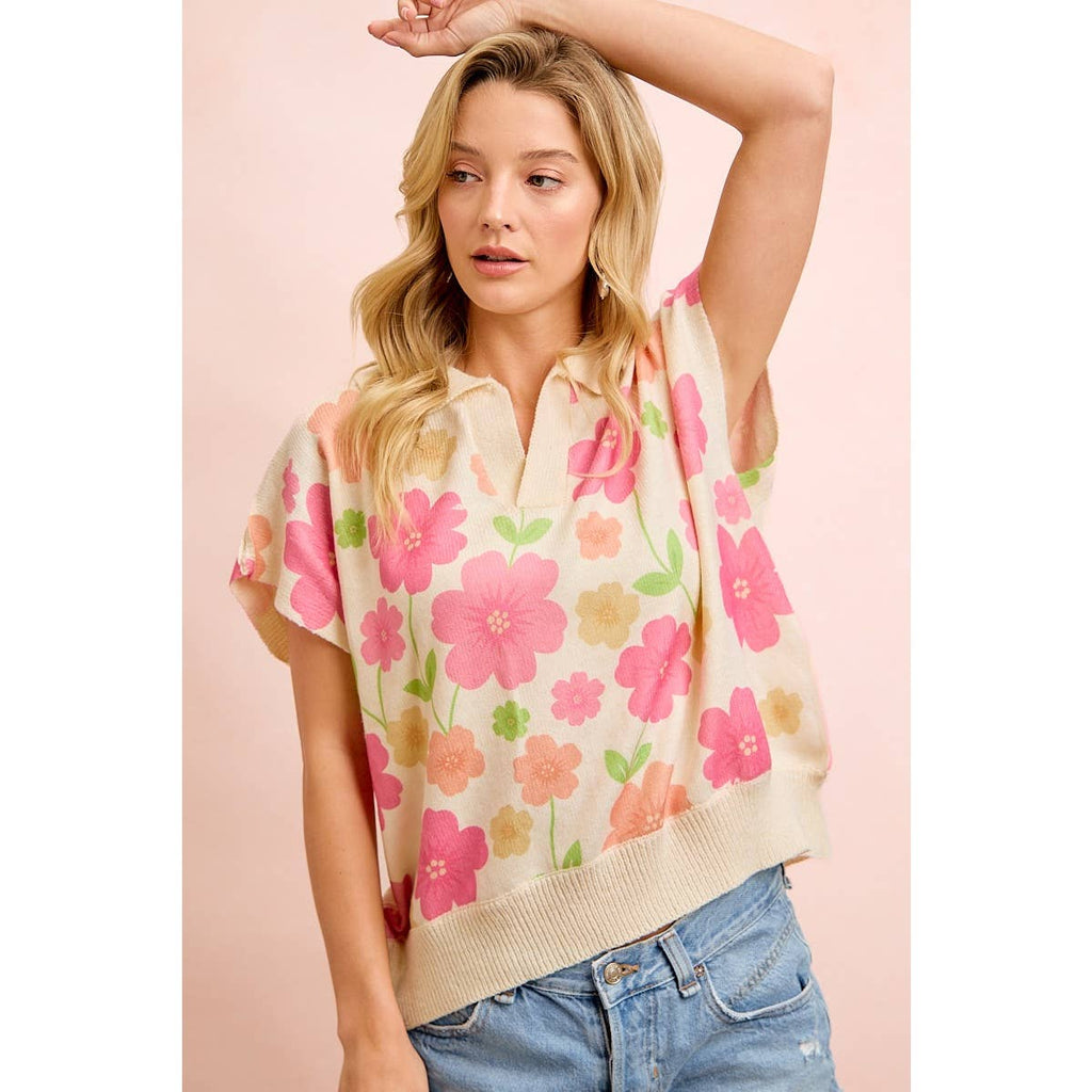 Flower Detail Top With Collar