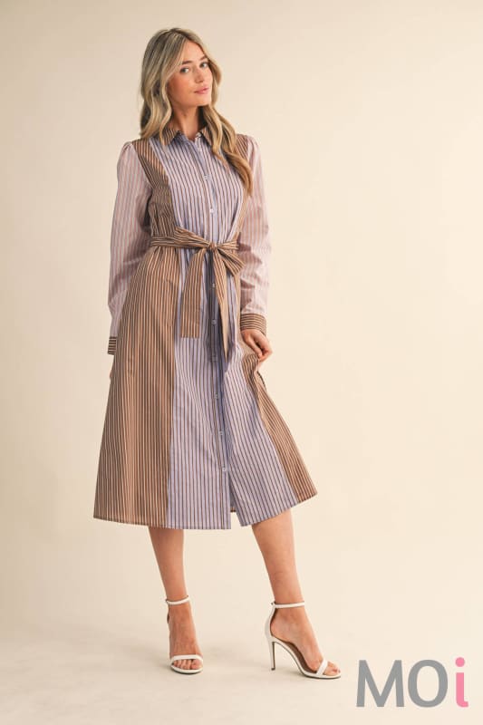 Mixed Stripe Belted Midi Dress