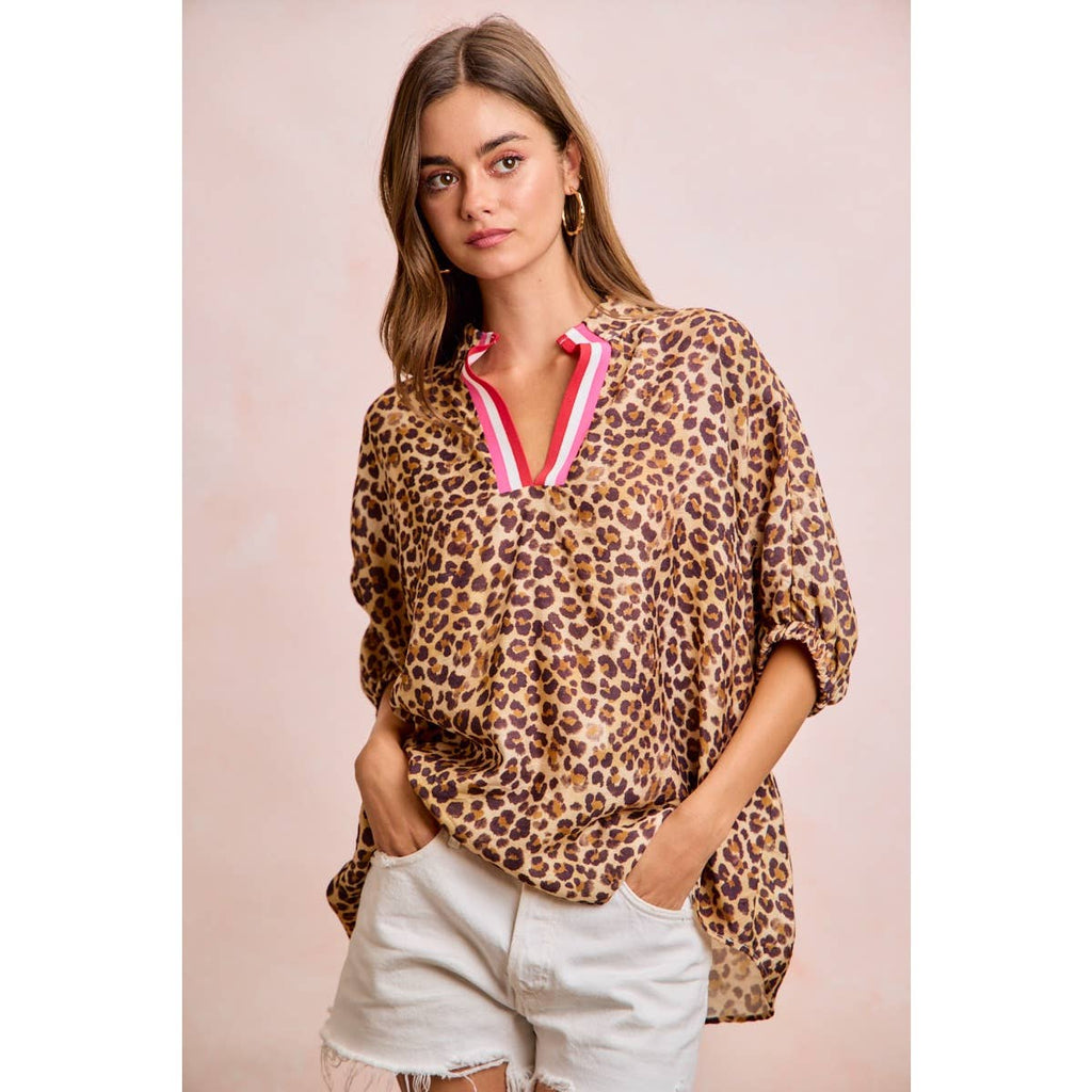 Leopard Print Contrast Banded Blouse