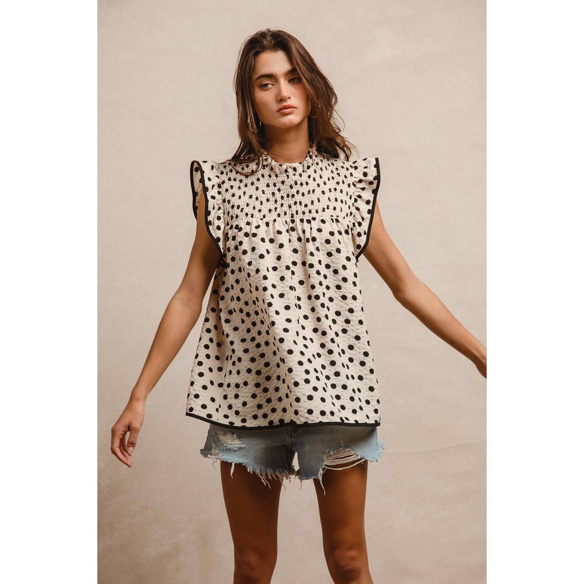 Dot Printed Smocked Yoke Top