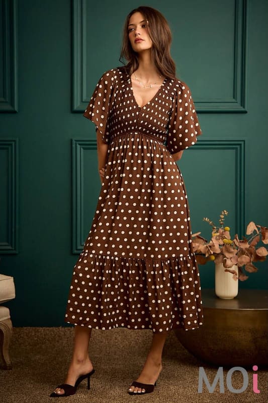 Polka Dot Smocked Bodice Midi Dress