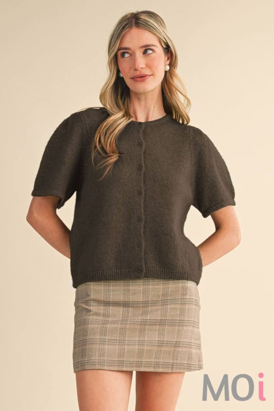 Short Puff Sleeve Sweater Cardigan