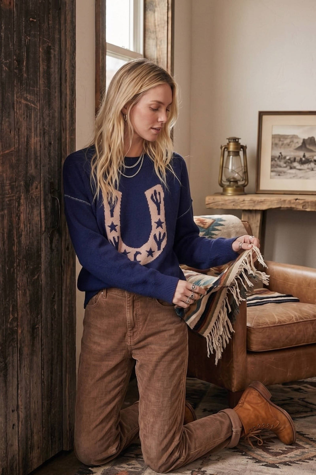 Western Horseshoe Cactus Knit Sweater