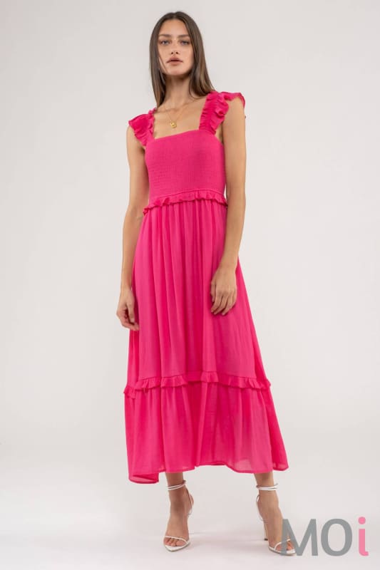 FLUTTER SLEEVE SMOCKED MIDI DRESS