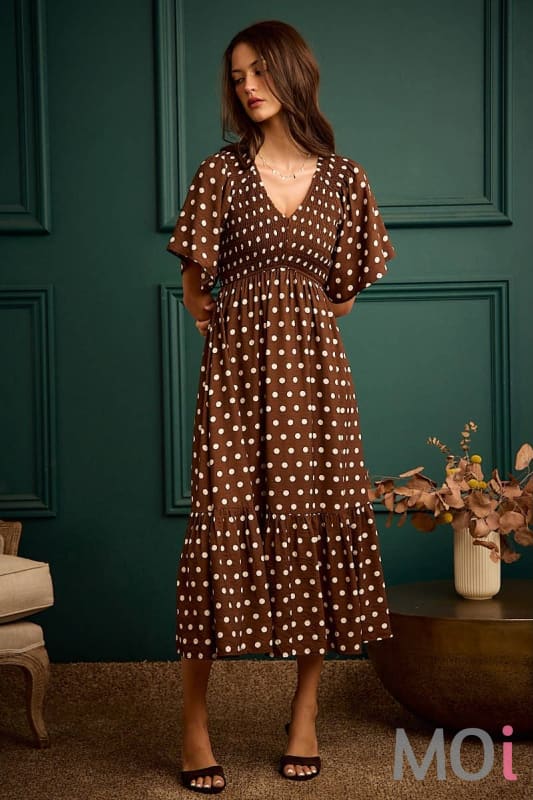 Polka Dot Smocked Bodice Midi Dress
