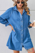 RUFFLED LONG SLEEVED PANELLED DENIM SHIRT DRESS