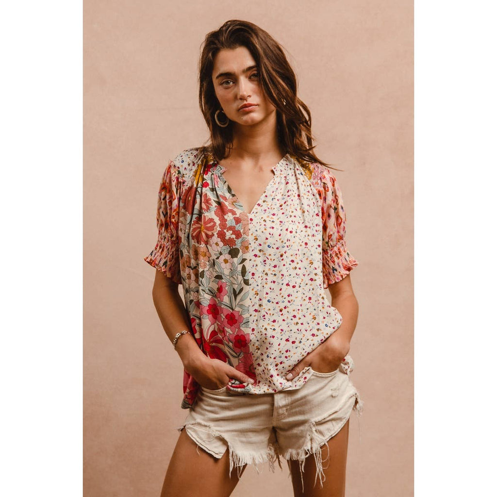 Woven Mixed Print Peasant Top