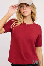 Soft Short Puffy Sleeve Basic Stretchy Knit Top
