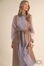 Mixed Stripe Belted Midi Dress