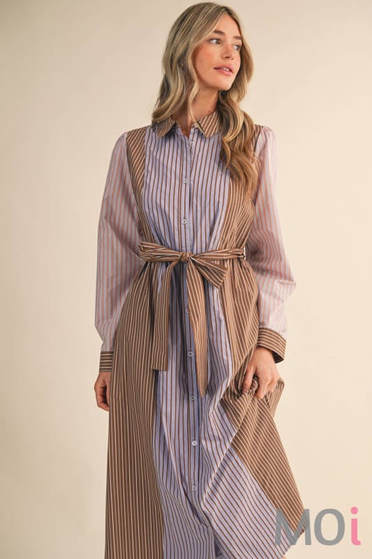 Mixed Stripe Belted Midi Dress