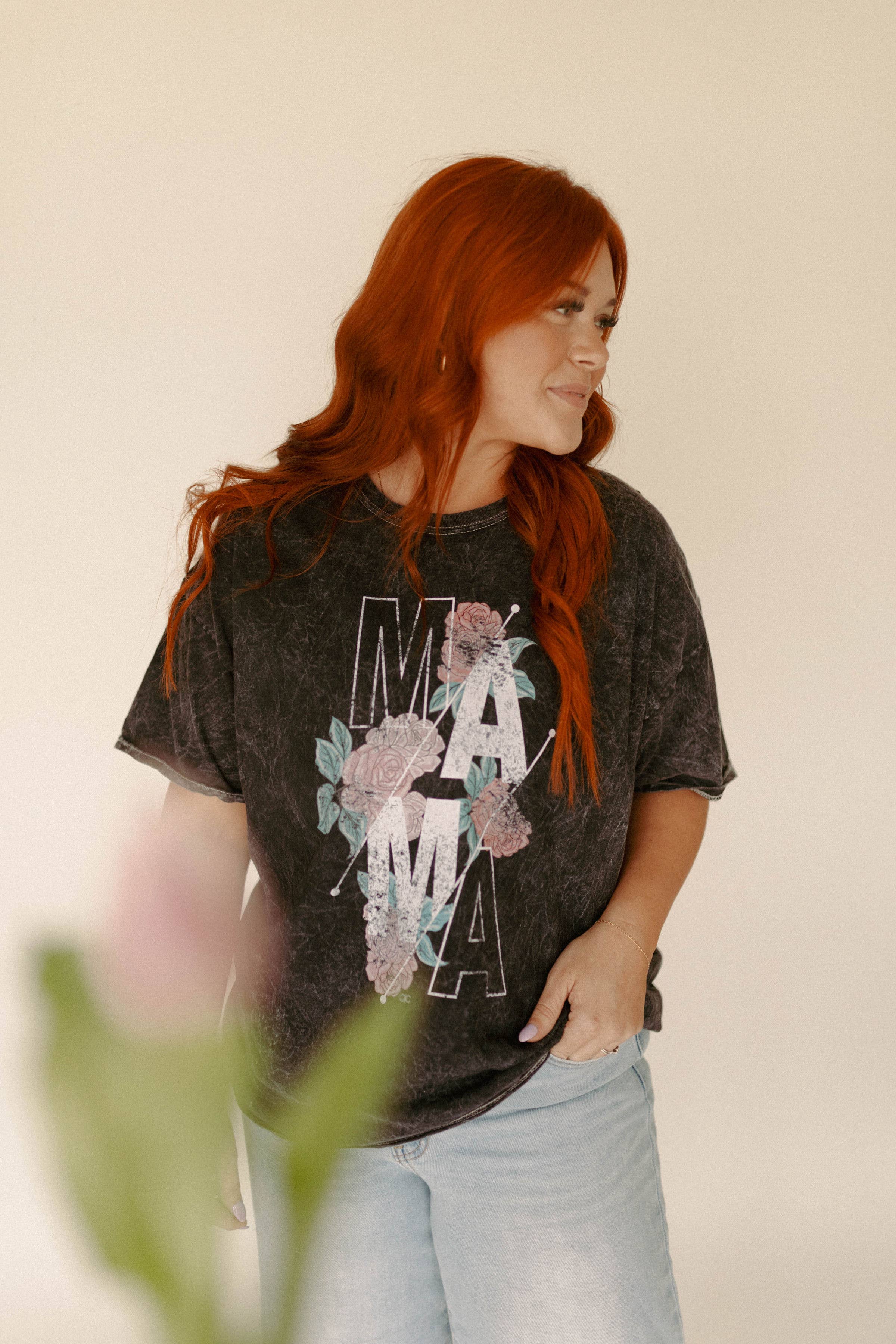 Mama Tee / Roses + Acid Wash Graphic Tee
