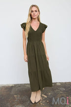 Flutter Sleeve V-Neck Midi Dress