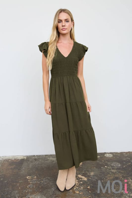 Flutter Sleeve V-Neck Midi Dress