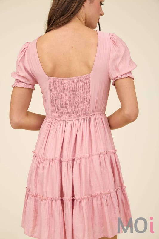 Square Neck Smocked Detail Tiered Mini Dress