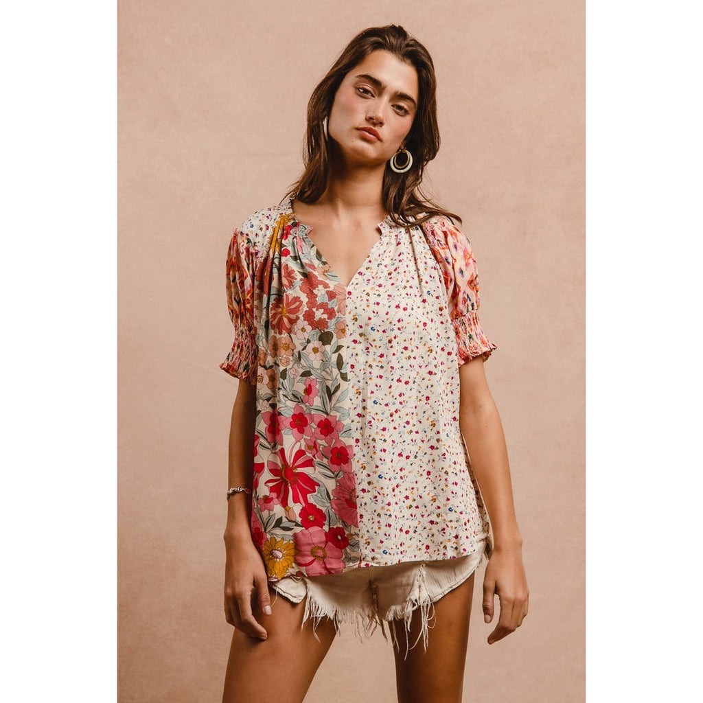 Woven Mixed Print Peasant Top