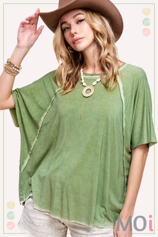 Dyed Fabric Round Neck Batwing Short Sleeve Top