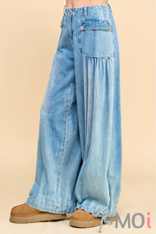 Ankle Drawstring Wide Denim Pants
