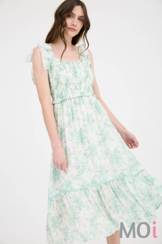 Floral Smocked Sweetheart Ruffle Trim Midi Dress