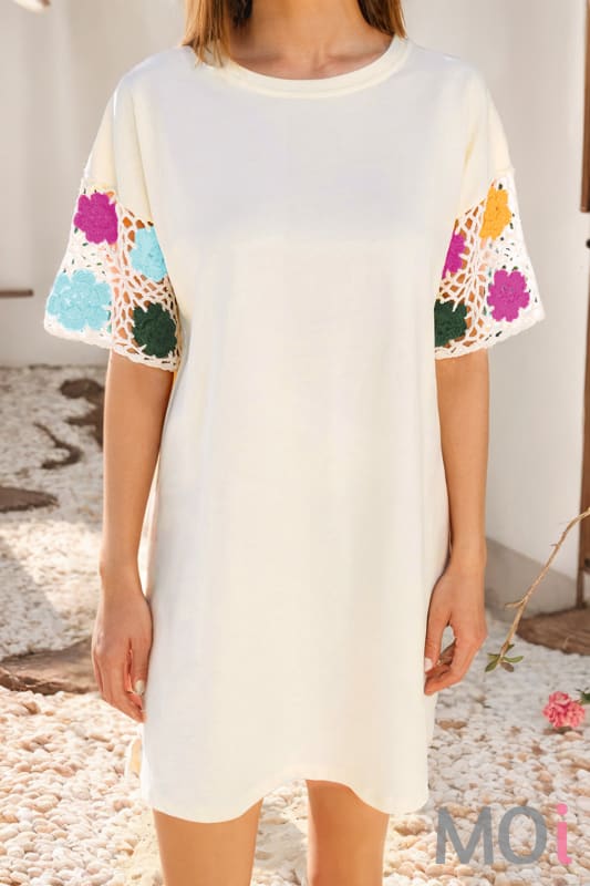 Floral Crochet Splicing Sleeve T Shirt Dress S Apparel & Accessories